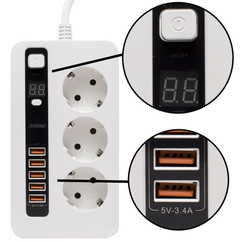 Andowl Πολύμπριζο με 3 Θέσεις Σούκο και 5 USB με Χρονοδιακόπτη - Anti-Static Power Socket